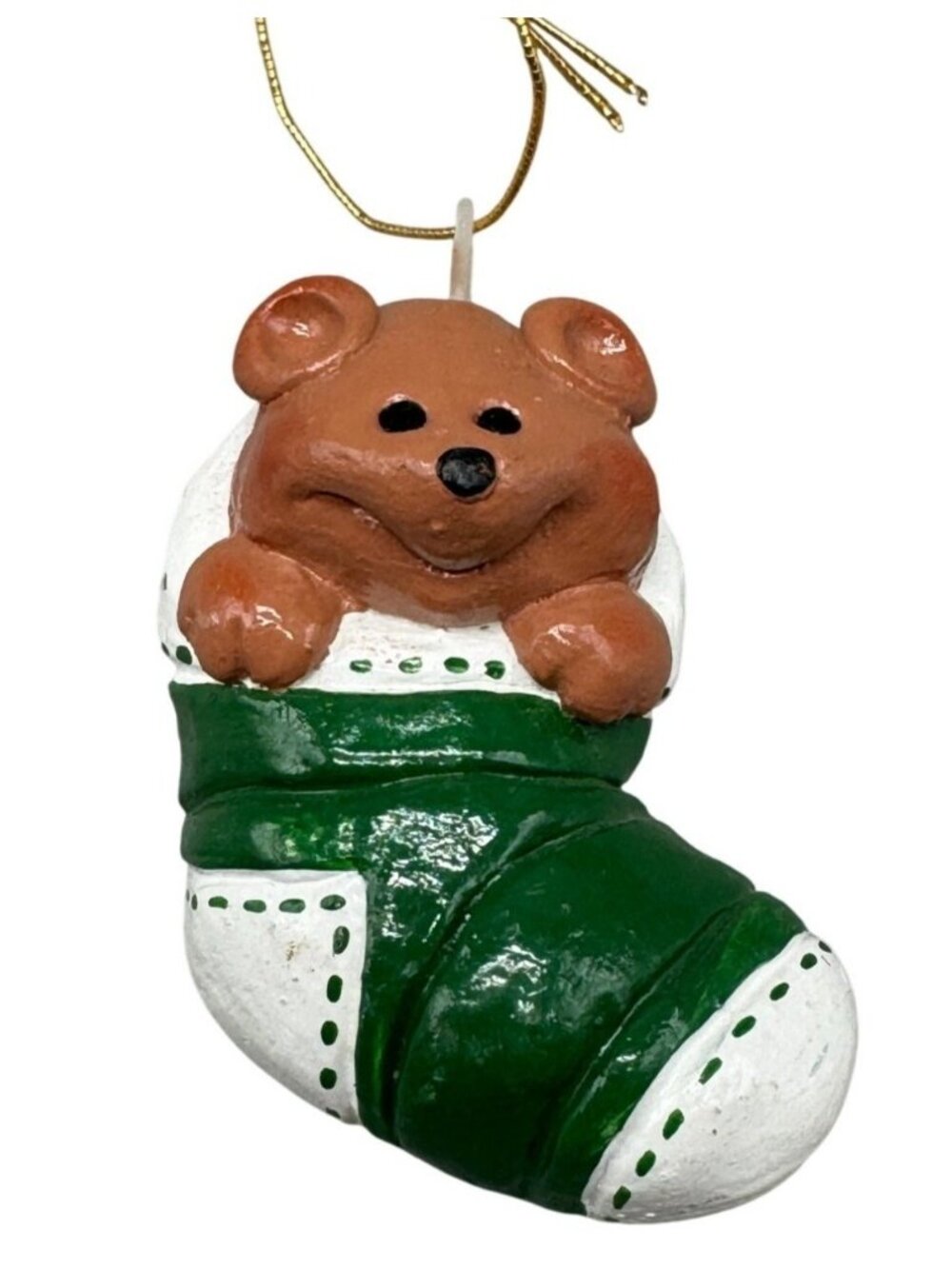 Christmas stocking tree ornament bear green brown hand painted 2.5" READ